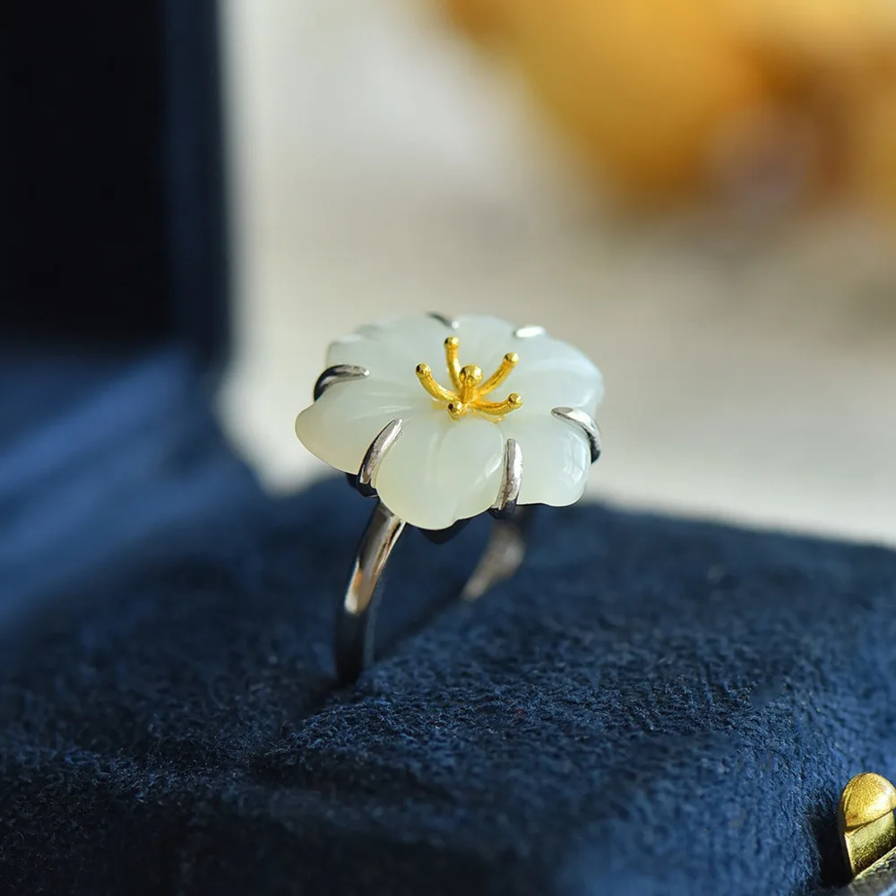 

Кольцо GL 925 из серебра с позолотой и нефритовой инкрустацией, в ретро-стиле, с нефритовыми лепестками, идеальный подарок