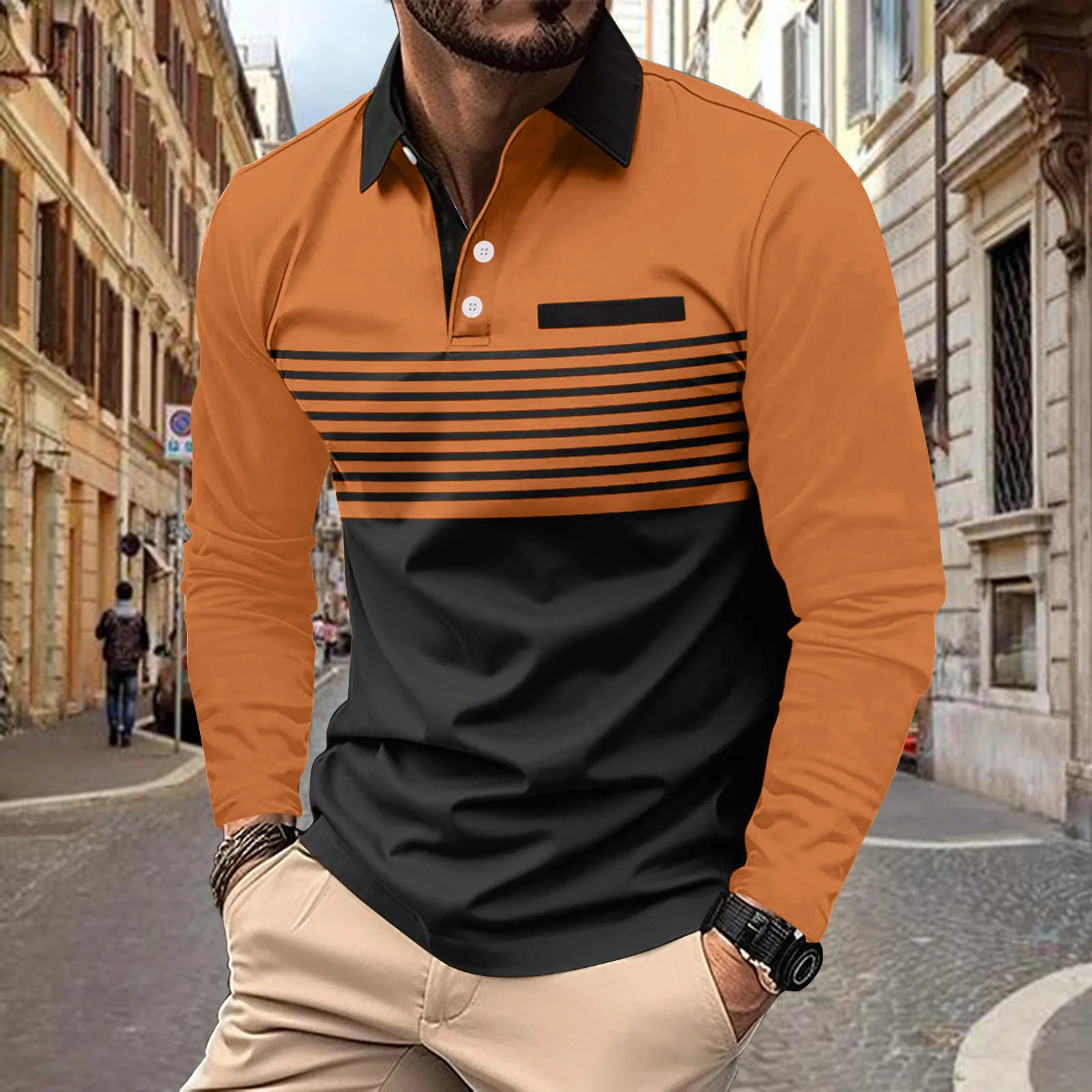 Polo da uomo casual moda primavera autunno manica lunga con bottoni a righe due colori risvolto festa all\'aperto casual comoda top