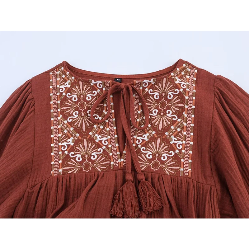 YENKYE European And American Style Embroidery Short Dress Women Lace Up O Neck Puff Sleeve Casual Dresses Vintage Vestidos