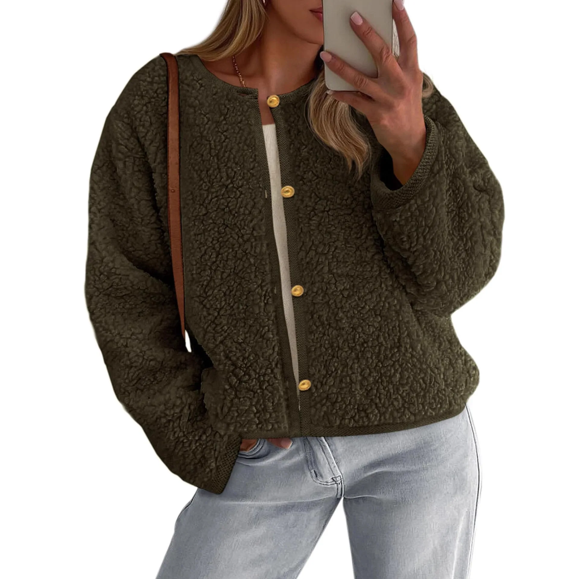 

2025 New Fashion Button Lamb Wool Jacket Women Winter Casual Loose Solid Color Round Neck Home Long Sleeve Top Women