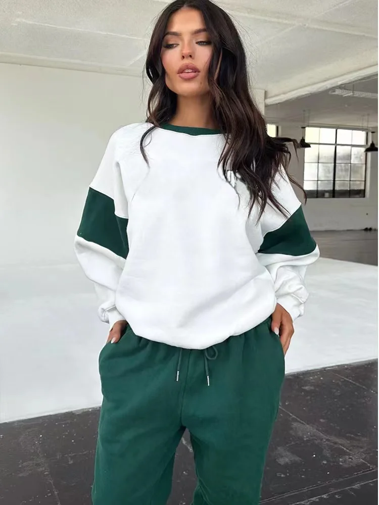 2024 New Winter Fashion Colorblock Two Piece Sets Women Outfit Autumn Y2K Clothes Pullover Sweatshirt Top Pants Sets Tracksuit