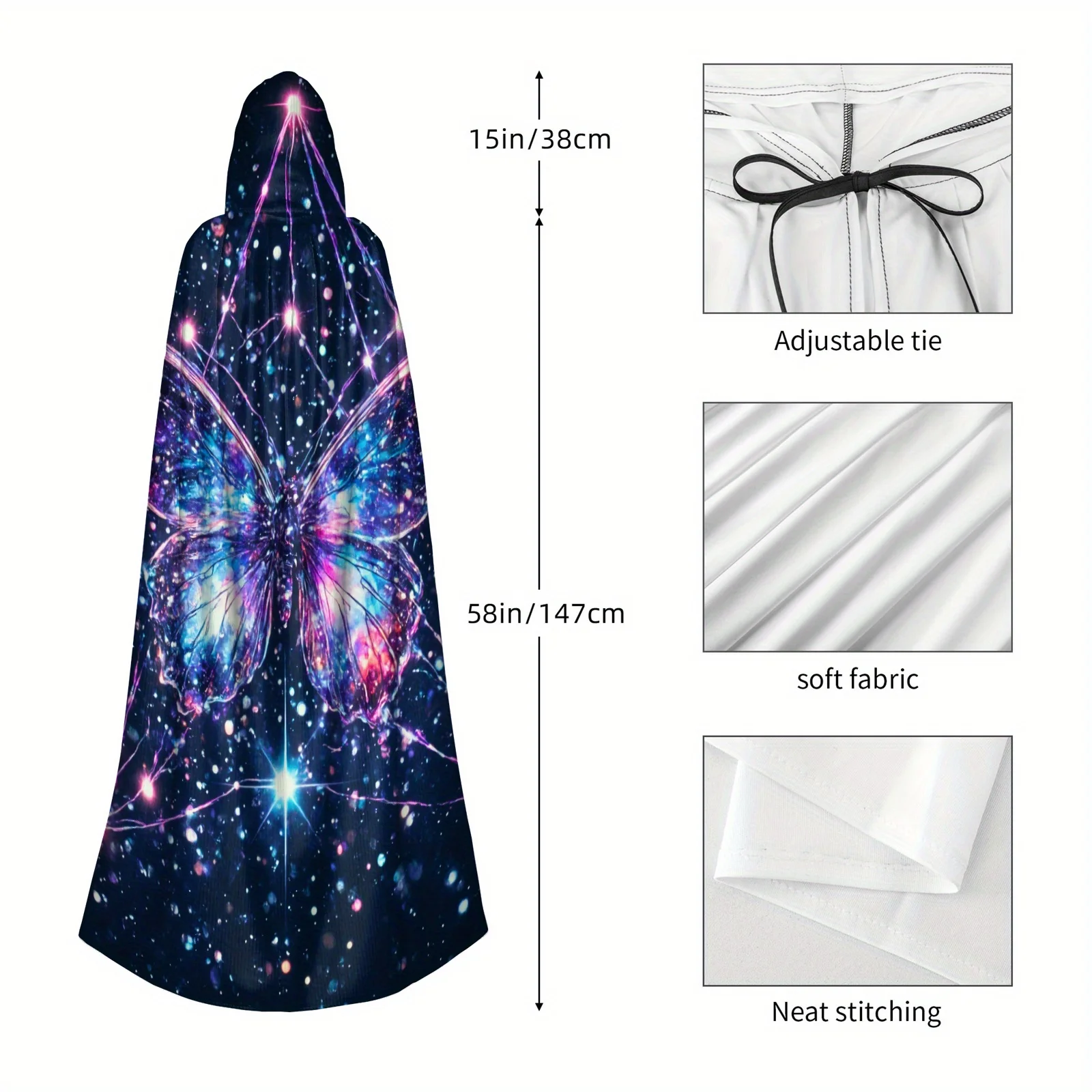 عباءة كلاسيكية بغطاء للرأس على شكل فراشة ونجمة وسماء كلاسيكية للبالغين مع تصميم جالاكسي على شكل فراشة سحرية، بوليستر أسود