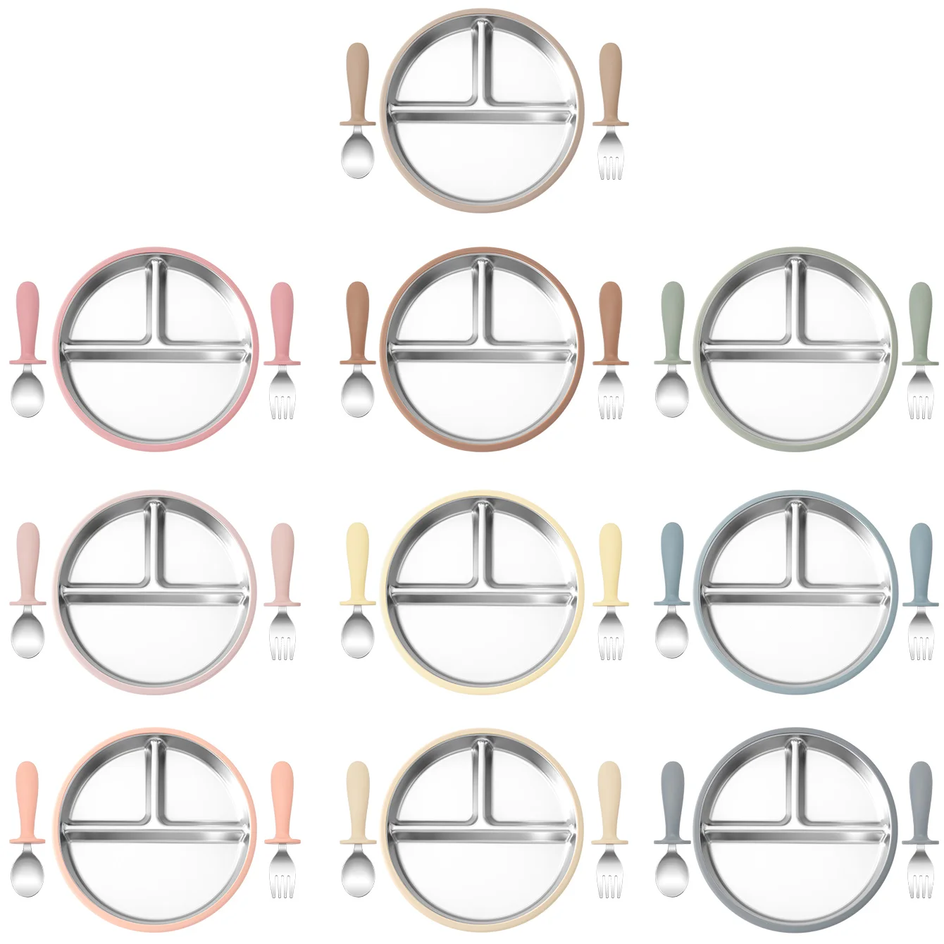 Kit de alimentación de silicona y acero inoxidable para niños pequeños, plato de alimentación con ventosa, entrenamiento de autoalimentación infantil, tenedor, cuchara sin BPA, 3 uds.