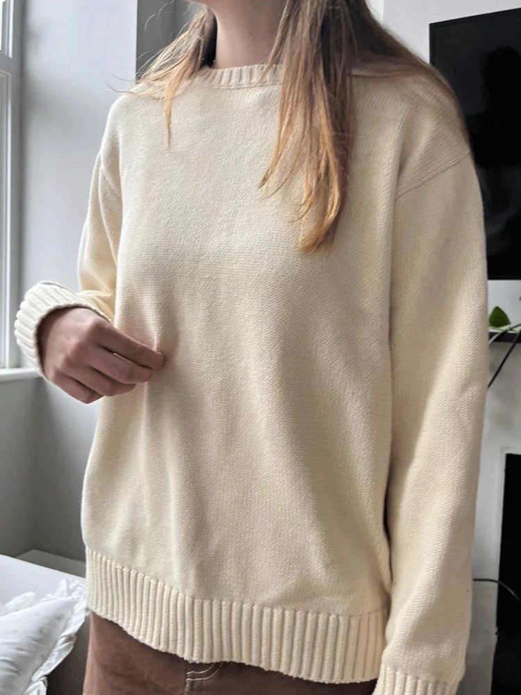 Solid Vintage Knitted Sweater Women Soft Cotton Round Neck Casual Loose Autumn Sweaters Harajuku Sweet Simple Pullovers Tops Y2K