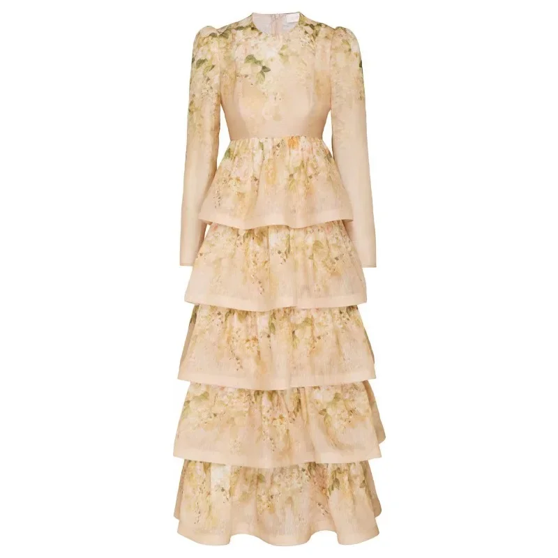 

2025 Beige Silk Midi Print Long Sleeve Dress New Collection