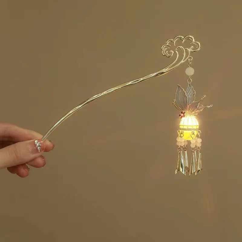Leuchtende Blume Haarnadel Für Frauen Kreative Lotus Emittieren Licht Laterne Quaste Haar Stick Vintage Chinesischen Stil Metall Haar Zubehör