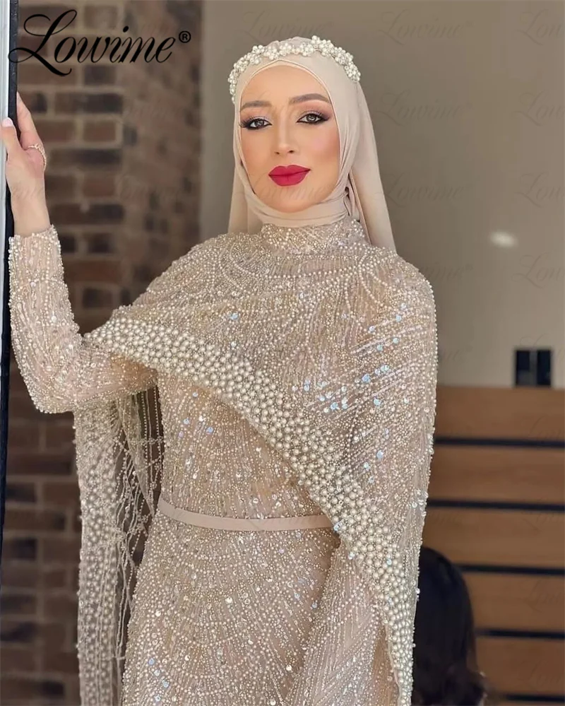 Dubai Design Heavy Beaded Champagne Evening Dress 2024 Customized Cape Sleeves Mermaid Party Gowns Aso Ebi Engagement Prom Dress