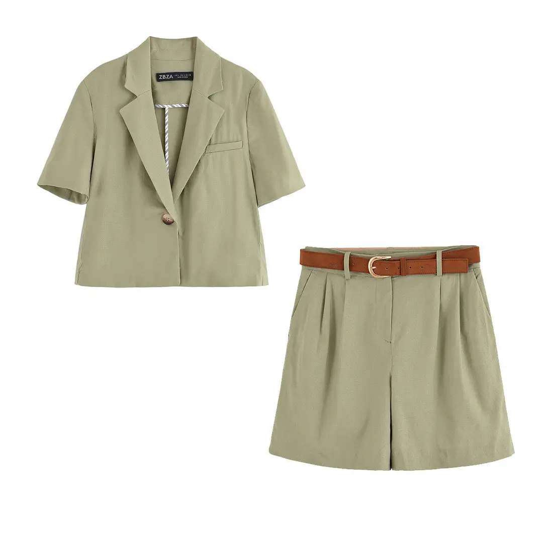 Green Summer Two-piece Set for Women 2026 New Solid Color Short Sleeve Fresh Suit Jacket American Style Shorts with Sashes