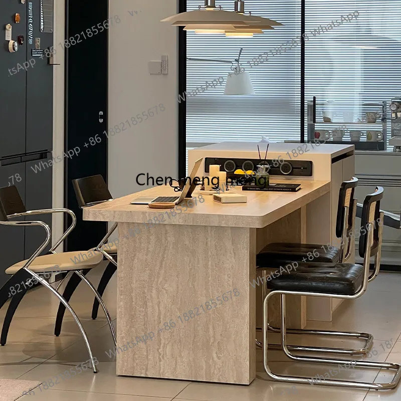 

French retro travertine rock slab dining table rectangular household dining table high-grade silent wind long table