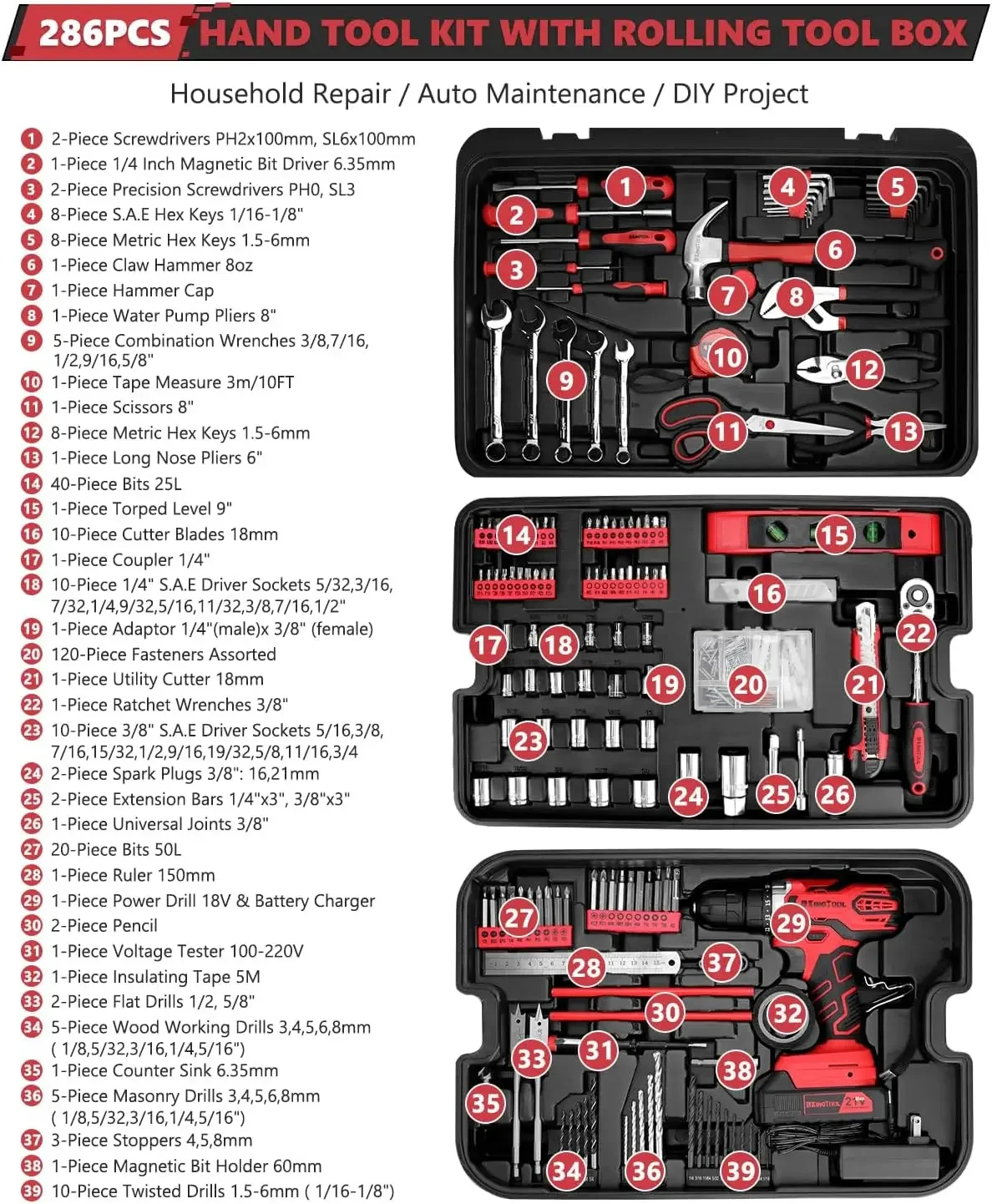 Home Set Kit - 286 PCS Home Auto Repair Kit with Rolling Box, Mechanic Sets with 21V Max Cordless Power dril