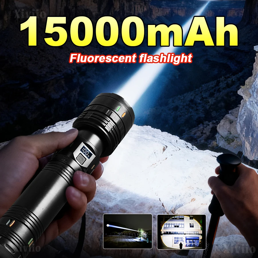 

High Lumens Strong Power LED Flashlight 15000mAh Rechargeable Digital Power Display Tactical Torch Camping Fishing Zoom Lantern