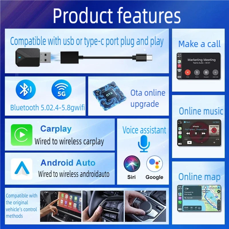 Беспроводной адаптер CarPlay 2025 2 в 1, беспроводной адаптер Carplay Plug & Play, адаптер Carplay и автомобильный беспроводной адаптер Android