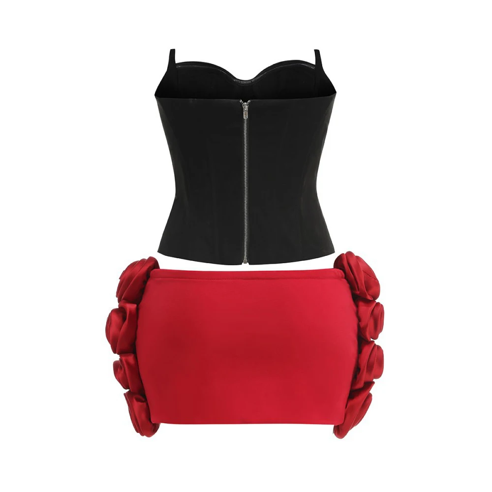 

Fashion Black Red Two Piece Dress Tube Top 3D Flower Mini Dresses for Women Sexy Restaurant Dating Evening Party Outfits Gown