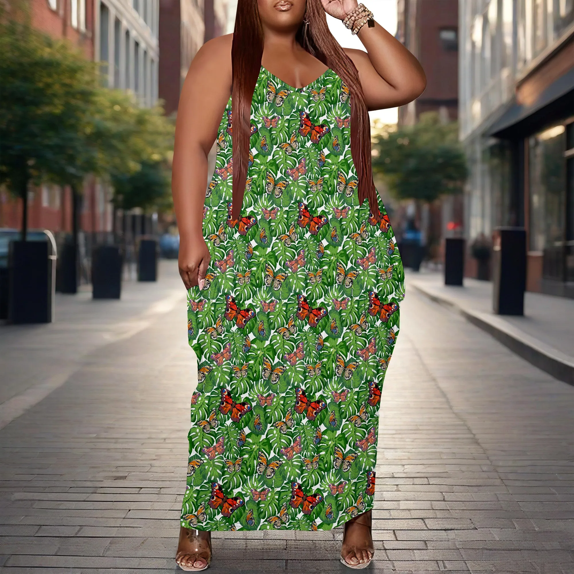 Women Plus Size Dress Loose Slip Maxi Dress with Pocket Stretchy Boho Butterfly Print XL-6XL​