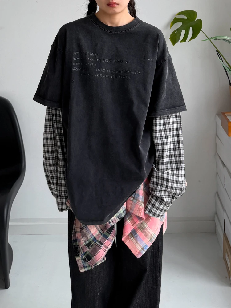 Pure Cotton Long Sleeve T-Shirt Casual Loose Plaid Color Block Letter Print Vintage Style Men Women Universal Spring Top