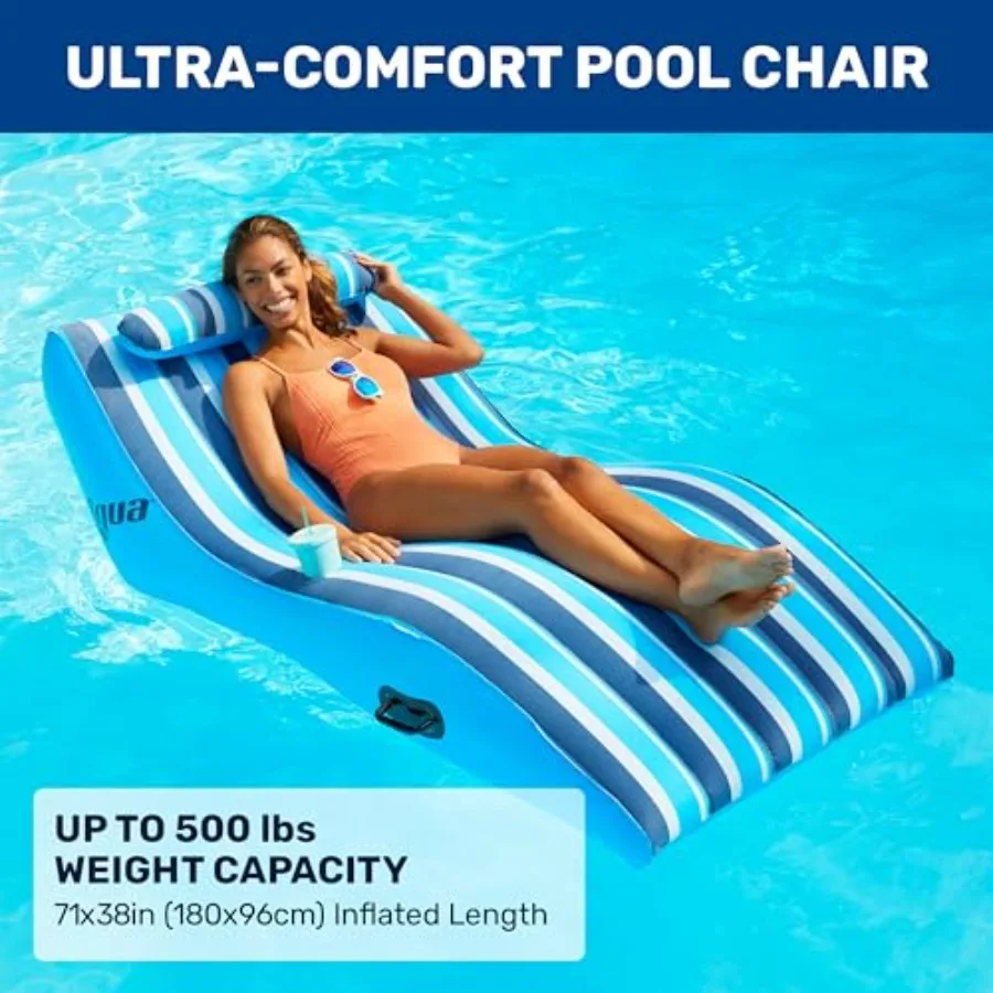 Aqua Ultra-Comfort Floating Pool Chair Lake Raft with Pillow Heavy Duty PVC Pool Float, Lake Floating Chair, Blue, UV-resistant