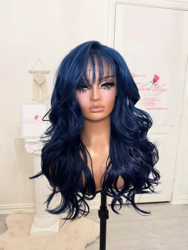 Dark Blue Body Wave Lace Front Wig with Bangs 13x4 HD Lace Frontal Wig for Women Synthetic High Quality Daily Cosplay Perruque