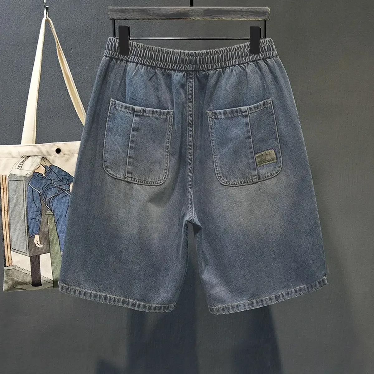 

Half Man Denim Shorts Drawstring Short Jeans Pants for Men with Pockets Wide Loose Baggy Long Bermuda Straight Luxury Xxxl Thin
