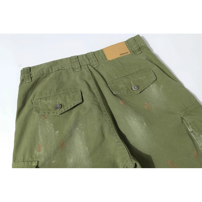 Hip Hop Splashing Ink Graffiti Green Cargo Pants Men Ripped Washed Cargo Trousers Relaxed Fit Straight Wide Leg Baggy Pants Y2k