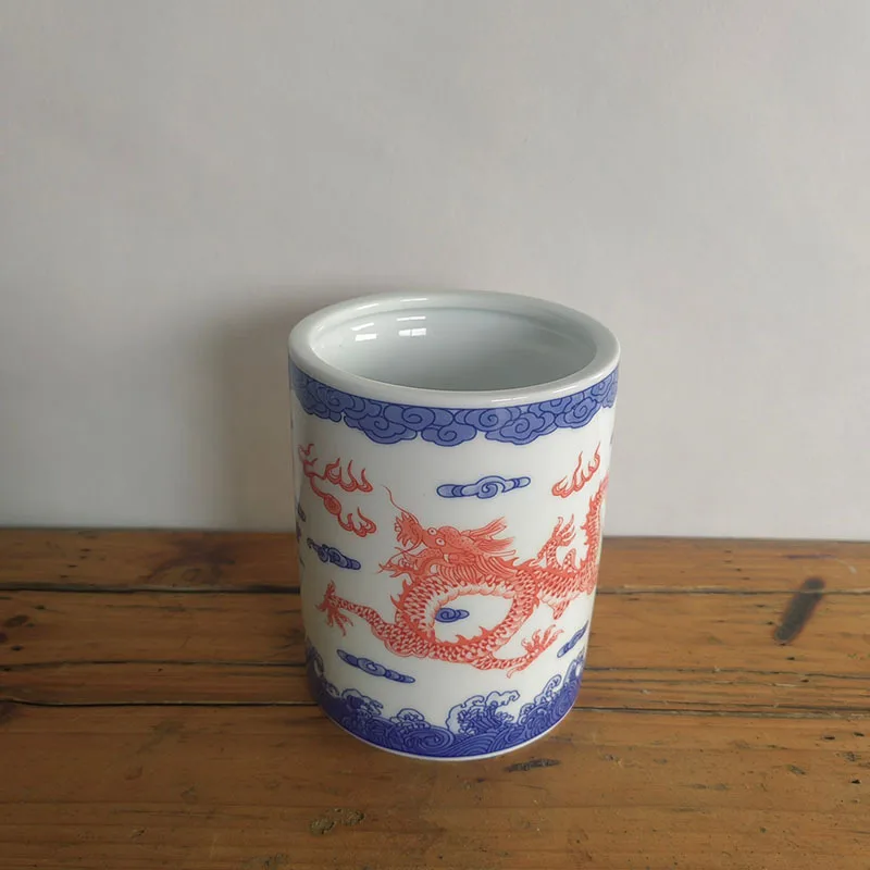 Factory Supply Antique Antique Pink Dragon Landscape Thick Moral Goods Blue and White Shou Character Pen Holder Home Furnishings