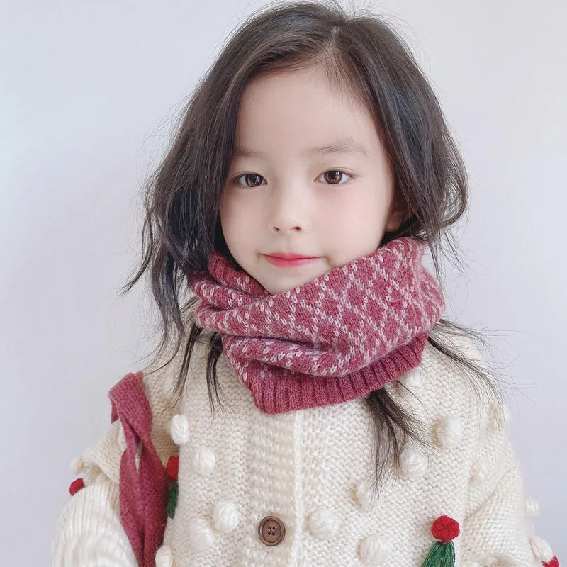 Fashion Diamond Grid Knitted Children\'s Scarf Winter Warm Windproof Cute Boys and Girls Neck Cover Scarves Clothing Accessories