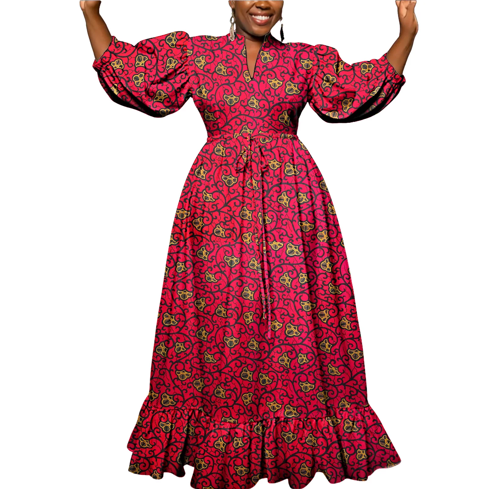 

SEA&ALP African Attire for Women Dashiki Ankara Maxi Dress V Neck High Waist Long Dress Casual Party Clothes