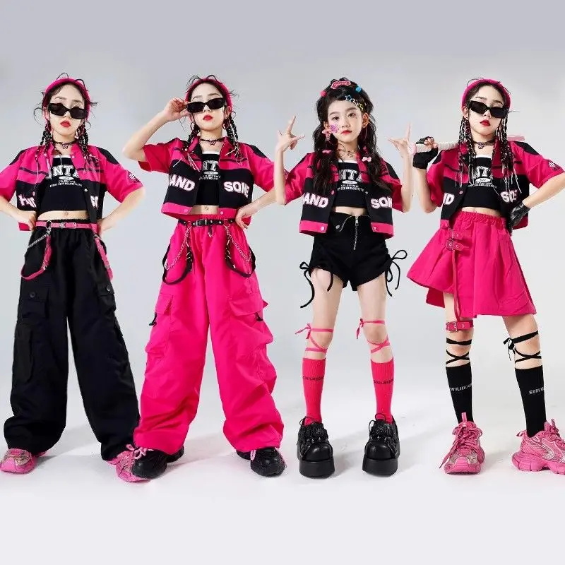 Veste de moto courte K-pop pour filles, pantalon Cargo en cuir brillant, short de danse de rue Hip Hop pour enfants, ensembles de vêtements pour enfants, Streetwear Jazz