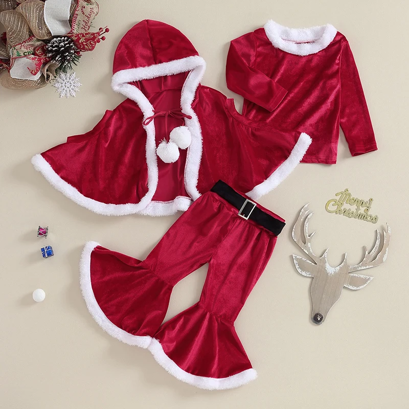 

Kids Girl Fall Outfits Patchwork Long Sleeve Velvet Tops Flare Pants Bobbles Tie-Up Hooded Cloak 3Pcs Christmas Clothes Set