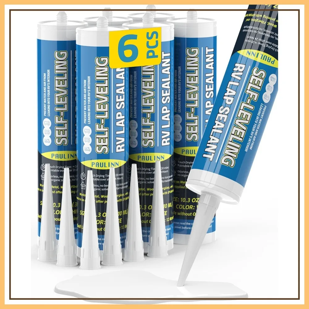 

RV Roof Sealant 6 Packs, Self Leveling Lap Sealant White, Camper Repair, RV Caulking, Rubber Roof EPDM, Flexible, UV & Waterproof, No Smell, Safe Indoor Use