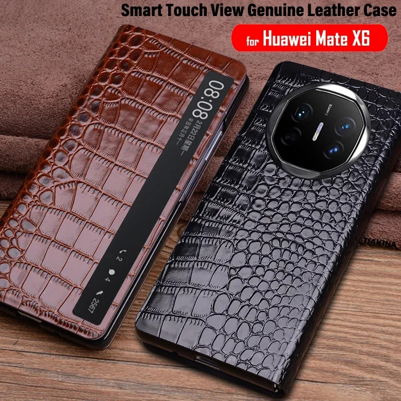 Genuine Leather Flip Cover for Huawei Mate X6 Case Smart Touch View Window Funda for Huawei Mate X6 Case Wake Up Sleeping Capa