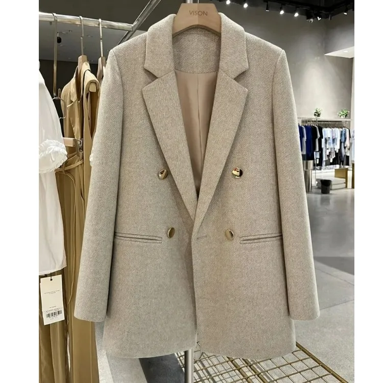 

Винтажный двубортный шерстяной блейзер с v-образным вырезом для женщин, высококачественный элегантный бежевый британский теплый повседневный офисная одежда, осень-зима