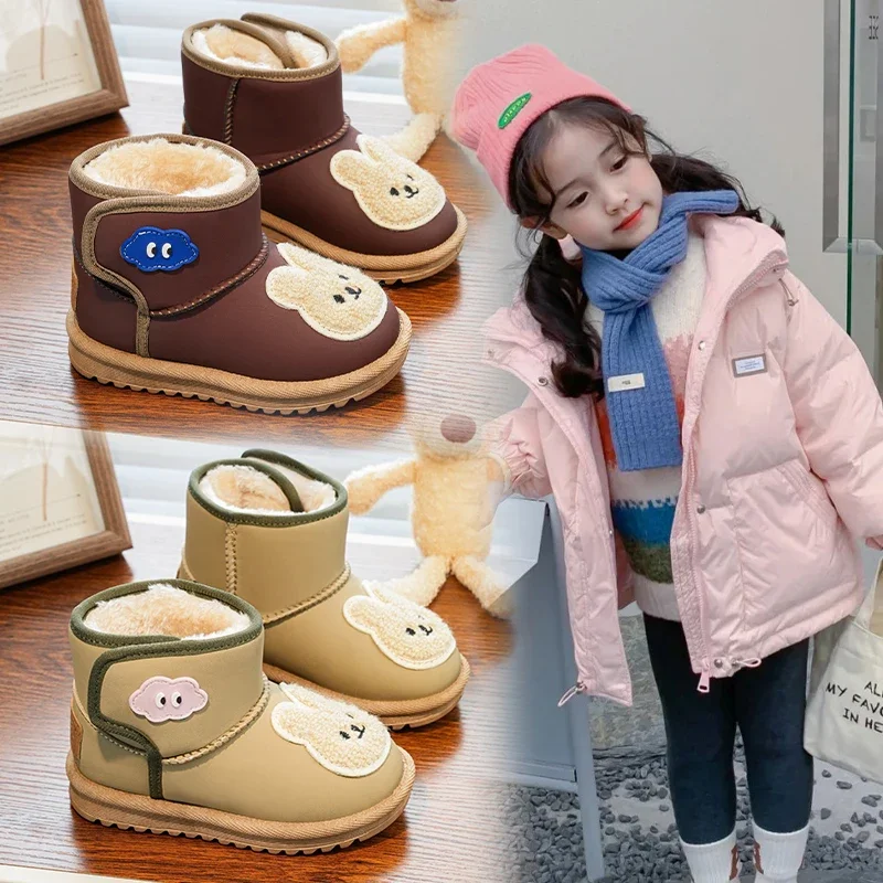 

Kids Leather Boots Thick Fur Girls Snow Boots Soft Bottom 2025 Winter New Baby Short Boots Round Toes Hook&loop Comfortable