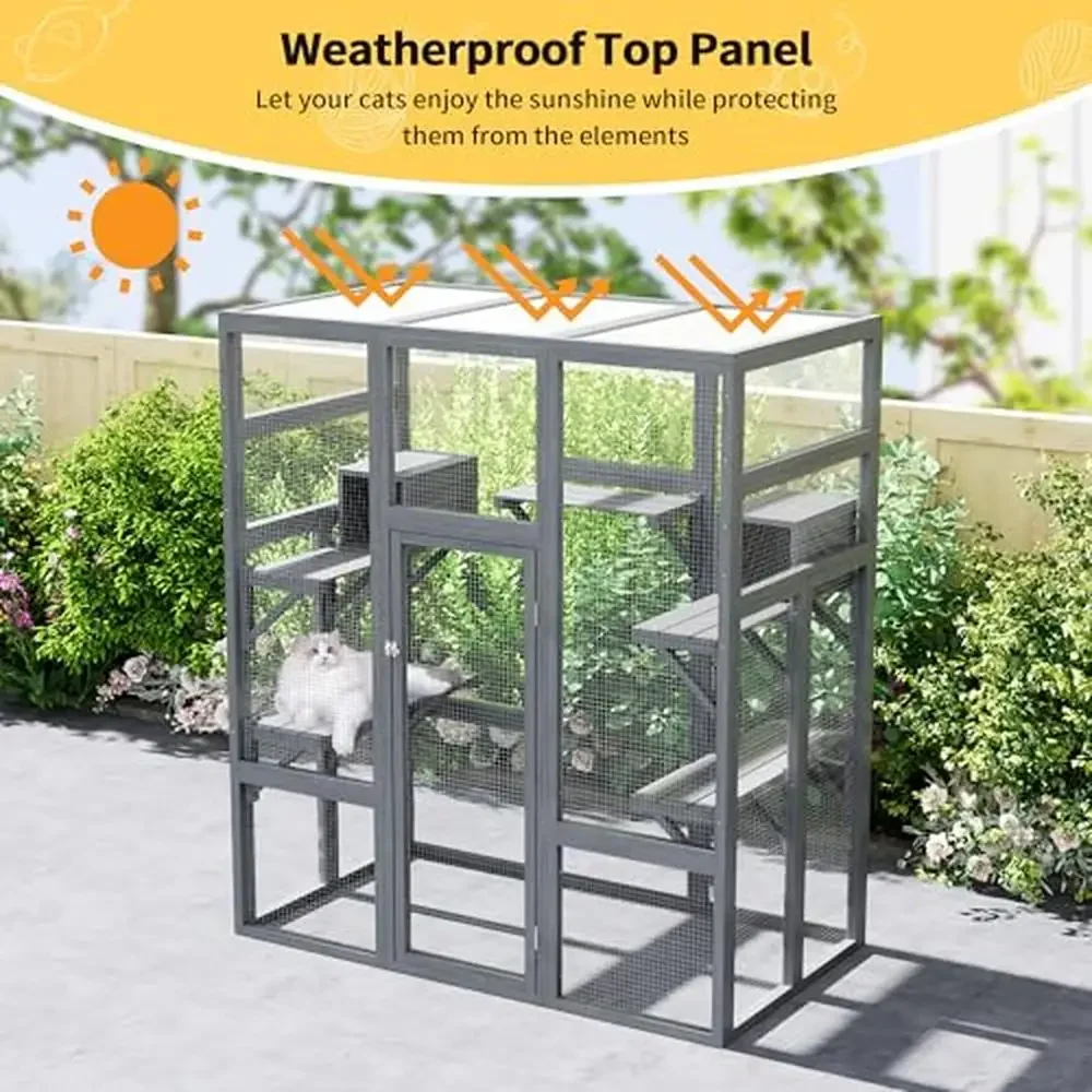 Large Wood Catio Outdoor Cat Enclosure with Perches and Condos Waterproof Roof Multi-Platform Activity Cat House Sturdy and