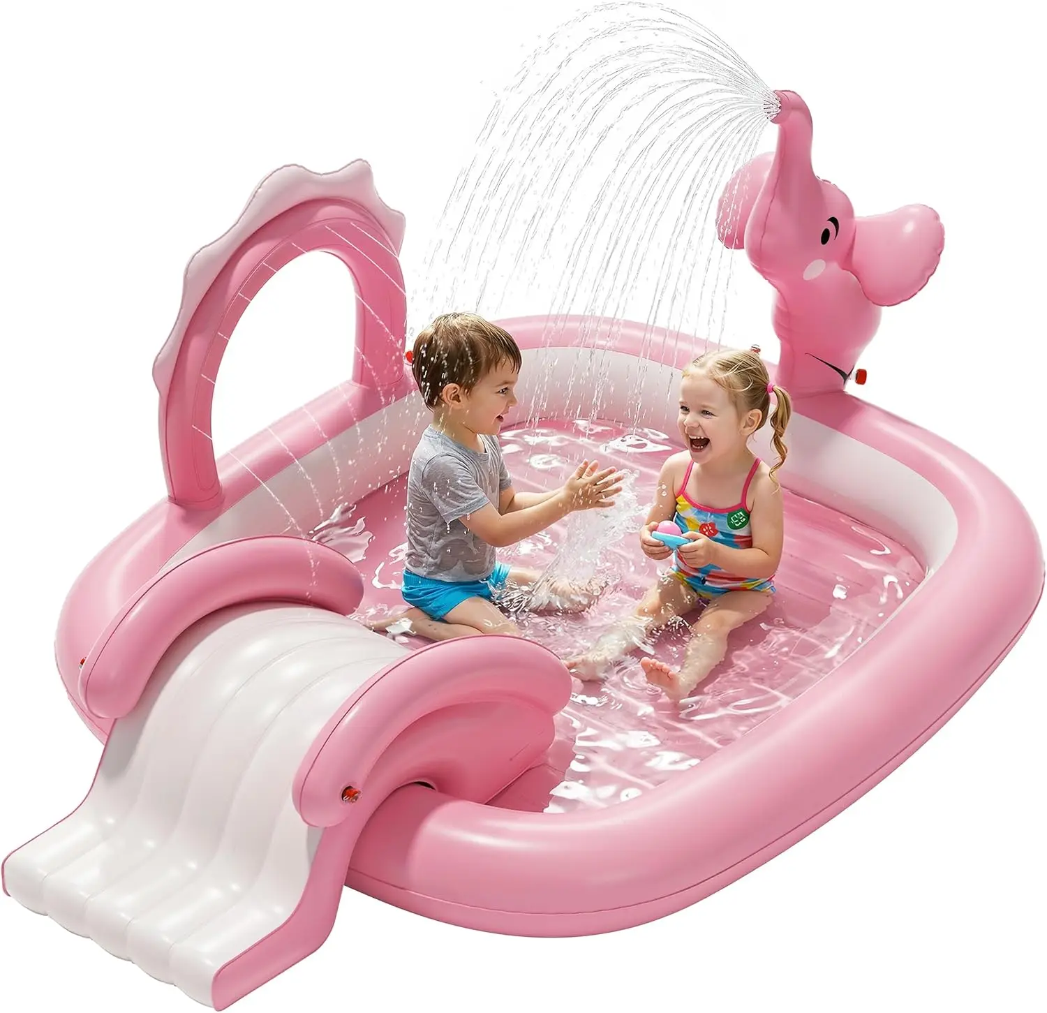 Inflatable Kids Pool with Slide and Sprinkler, 72x64x37 Inch Play Center with 4 Rings, Fast Inflation Kiddie Pool for Garden & Backyard, Birthday Gift for Ages 1+ (Pink)