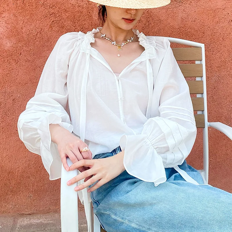 

Ele Ladylike Long Sve Women's irt Spring 2026 French Sle Loose Fit Silk Cotton Fabric Tfeta Material Holland Sve