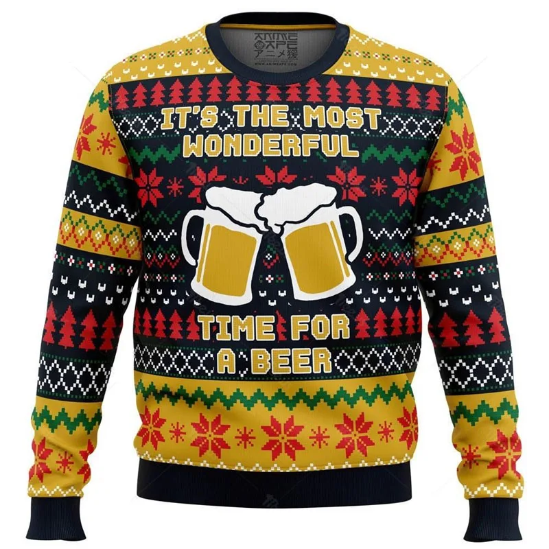 Beer Lover Christmas Ugly Sweatshirt Men\'s Clothing Long Sleeve Crew Neck Hoodie 3d Printed Fashion Xmas Beer Sweatshirt Popular