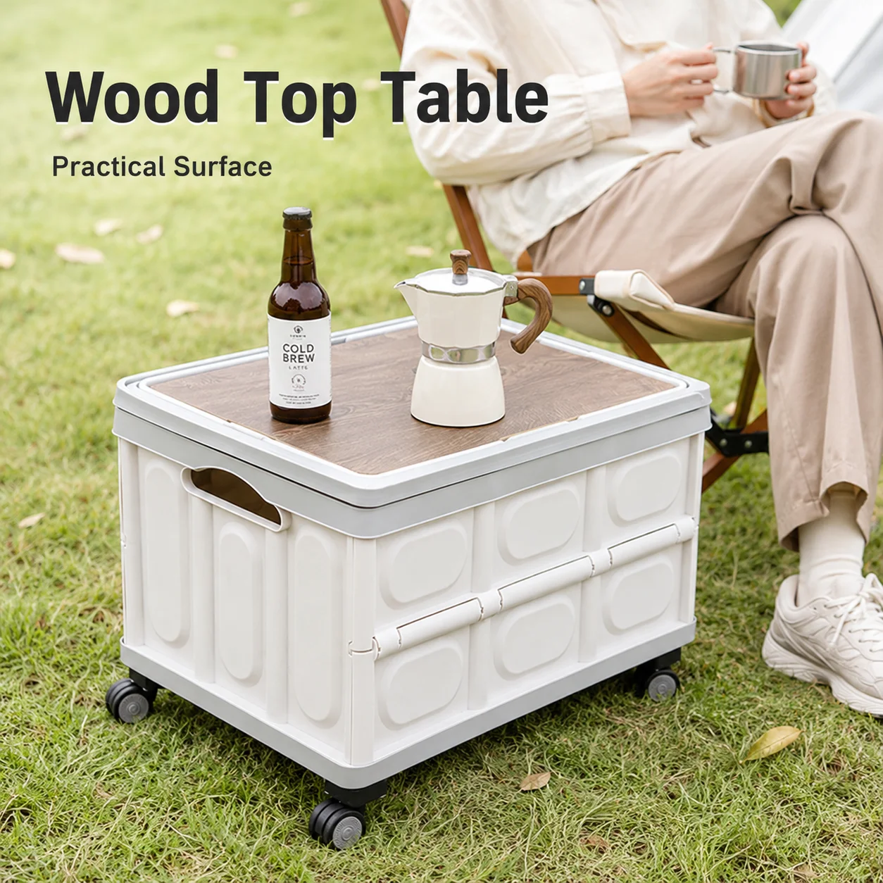 Foldable Storage Box with Wheels, Outdoor Camping Gear Box, Foldable Camping Organizer with Wooden Lid, Car Trunk Storage