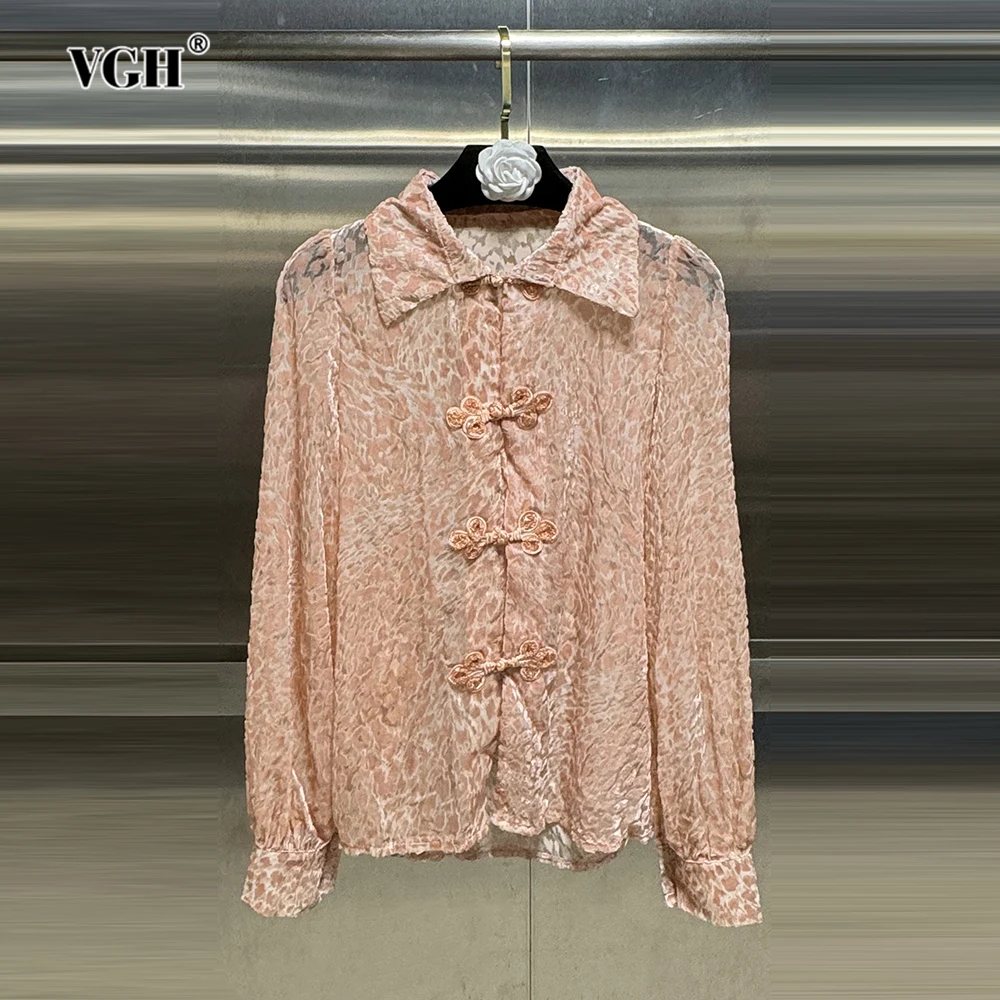 

VGH Solid Printing Minimalist Shirts For Women Lapel Long Sleeve Patchwork Single Breasted Casual Loose Blouse Female Fashion