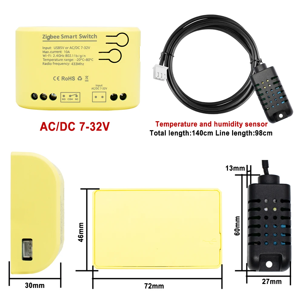 7-32 В или 85-250 В Zigbee Tuya, мониторинг температуры и влажности, интеллектуальный переключатель управления с использованием Wi-Fi/433 МГц RF с Alexa Google Home