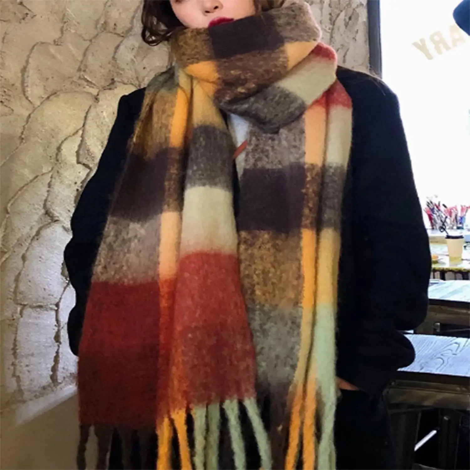 

Autumn Winter Thick Warm Scarf Women Long Shawl And Wraps Pashmina Neckerchief Rainbow Scarves Female Plaid Hairy Tessel Scarf