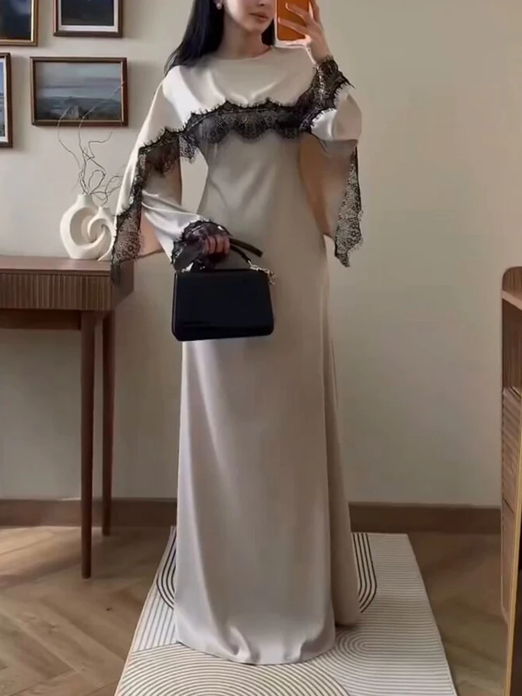 Fashion Lace Patchwork Commute Satin Dress Women Casual Long Sleeve Slim Long Dress Elegant High Waist Color Blocked Party Dress