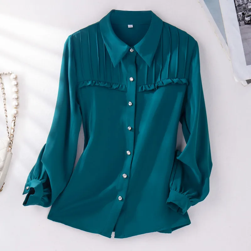 NAVIU Green Shirt Women New Autumn Fashion Temperament Professional Formal Chiffon Blouses Office Lady Wrok Tops White