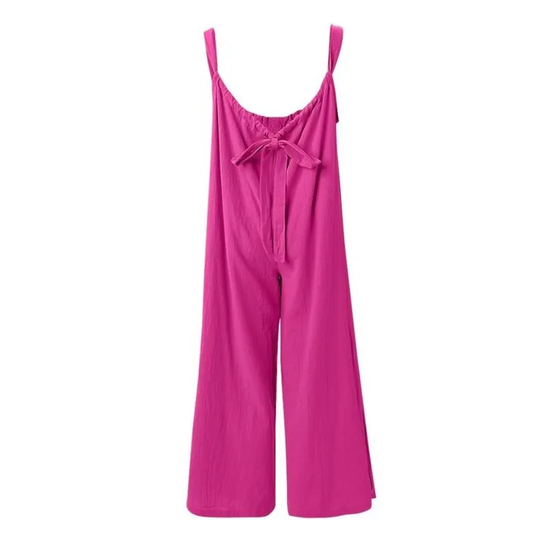 Plus Size 1XL-5XL Women Casual Solid color Sleeveless Drawstring Wide Leg Suspender High Waist Pocket Design Jumpsuit Romper image 4