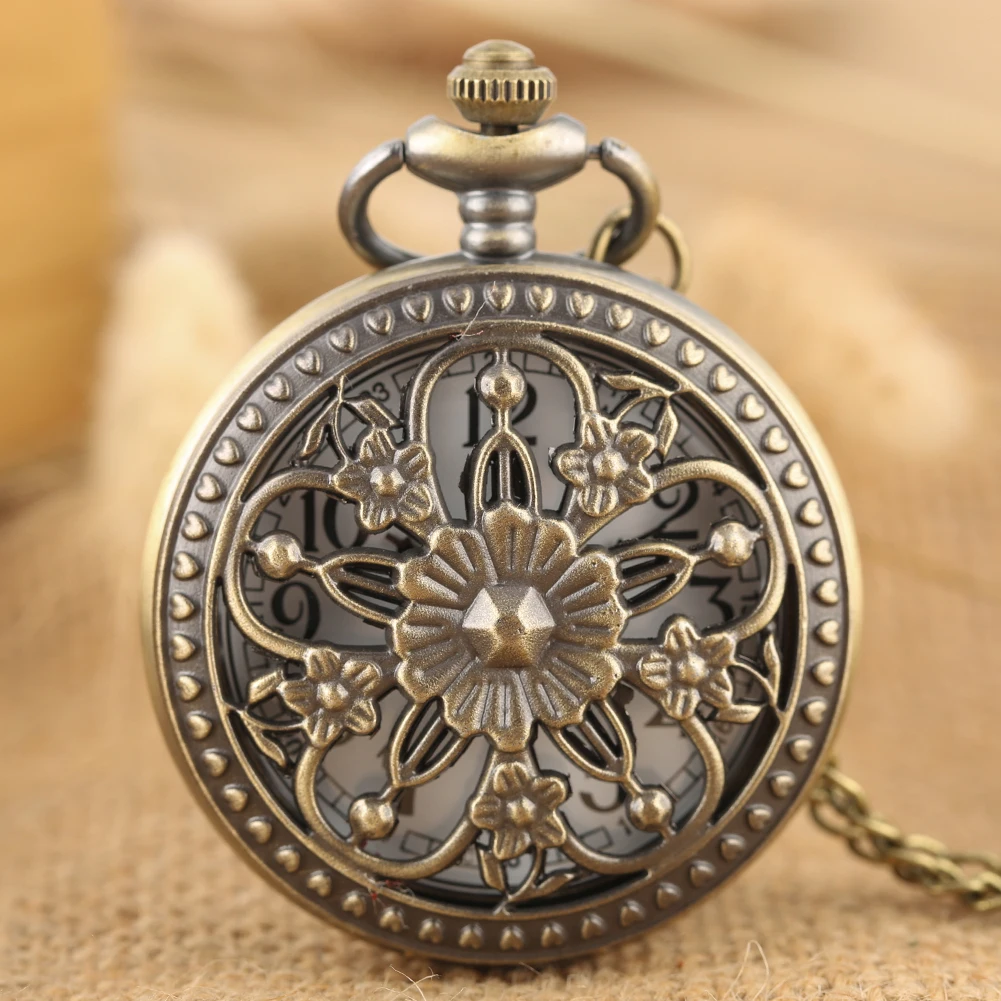 

Elegant Vintage Flower Bronze Necklace Watches Arabic Numerals Dial Pendant Quartz Pocket Clock Gift Men Women