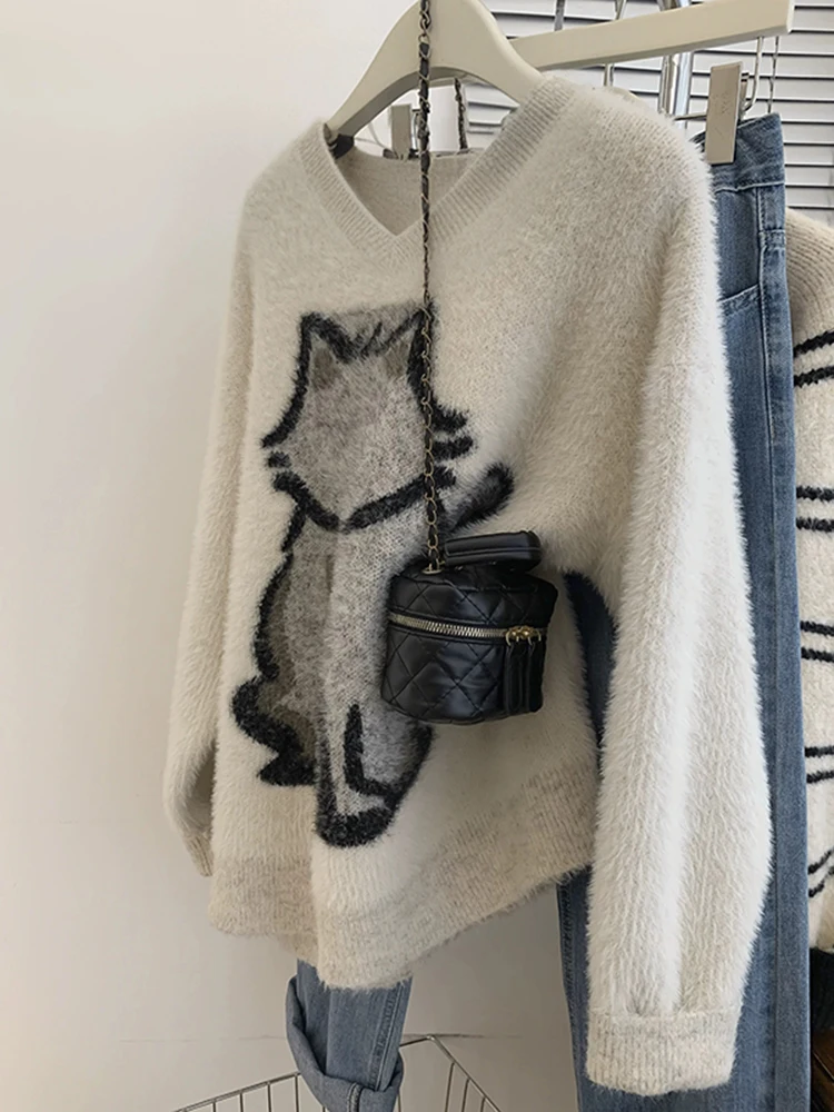 

Thiened Water Rabbit Fur Print Oversized Sweater Women's Lazy Sle Top Loose High Knitted irt Autumn Winter New Arrival