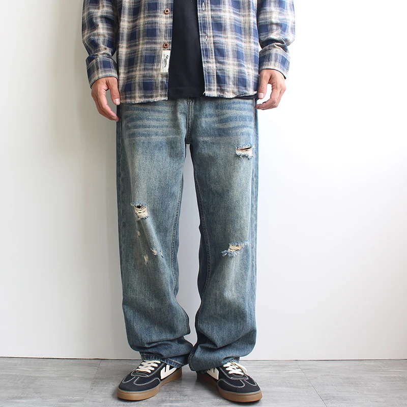 

Spring/Fall American Streetwear Jeans for Men Distressed Loose Fit Straight-Leg Wide Leg Pants Trendy Vintage Casual Trousers