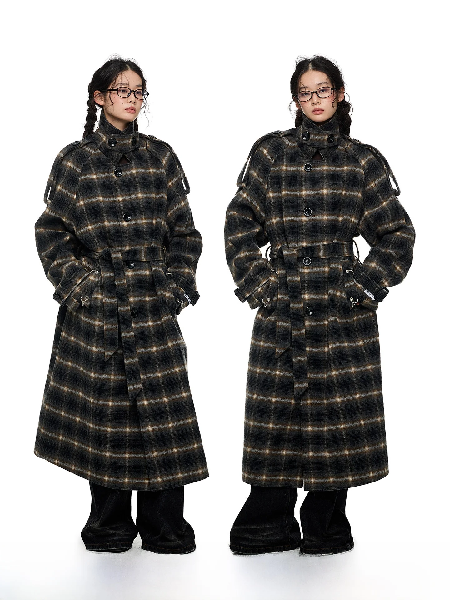 

JIKOO Double-Sided Camere Coat Women's Loose Plaid Long Stand Collar Woolen Outerwear Casual Sle Online Exclusive