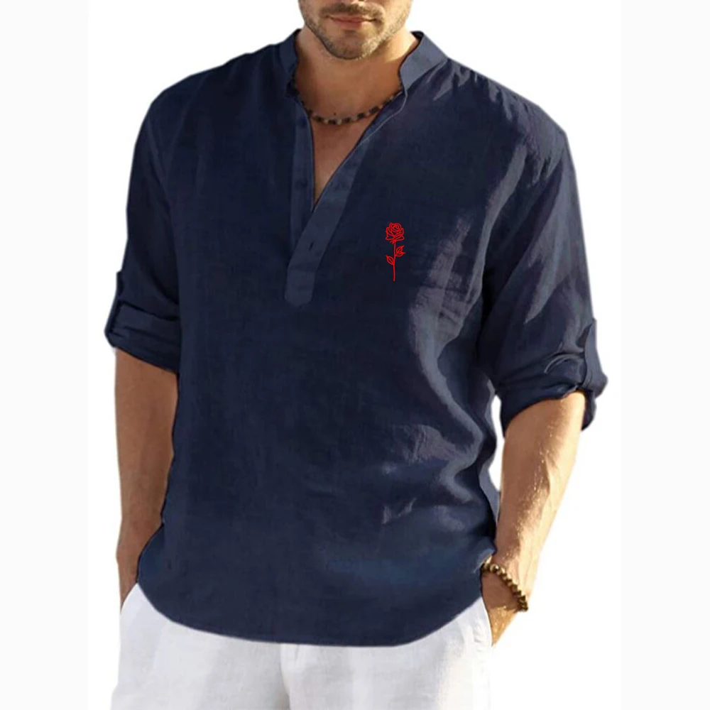 2026 Beautiful Rose Pattern Logo Print Men's Cotton Linen Shirts Beach Tops Shirt Pull on Male Loose Casual Long Sleeve Top view 6