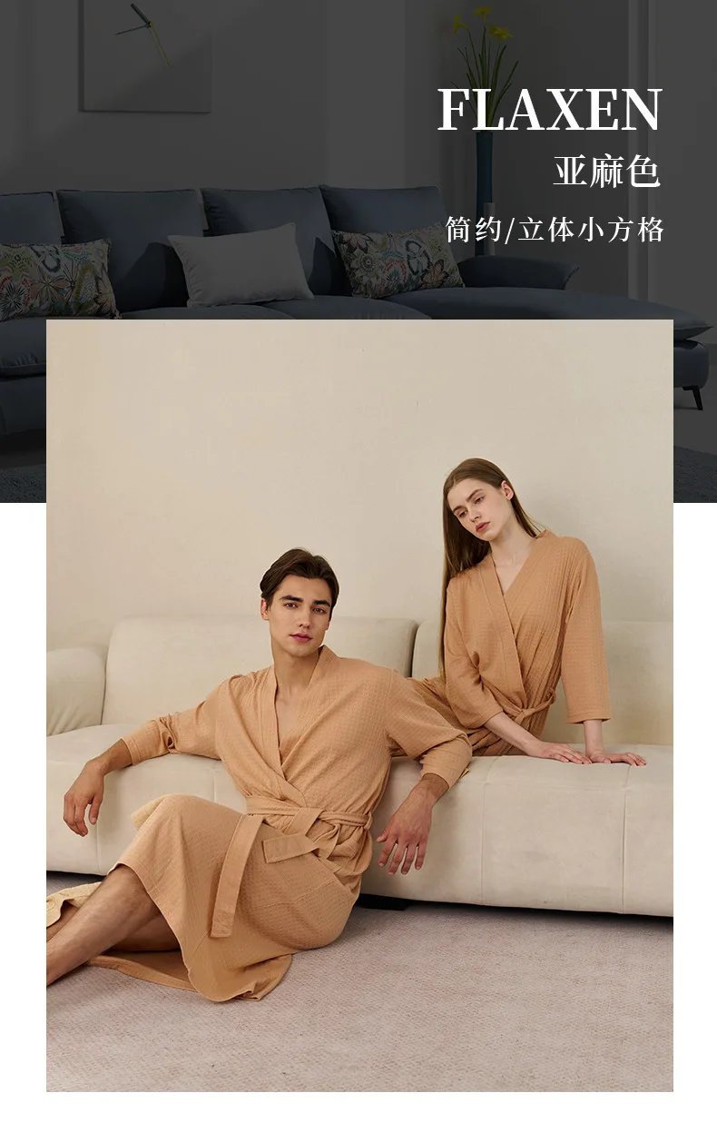 Herren Waffelstrick-Bademantel, Leichter Weicher Spa-Bademantel mit Taschen & Gürtel, Atmungsaktiver Saugfähiger Waffel-Kimono, Schlafbekleidung für Zuhause – Detail 5