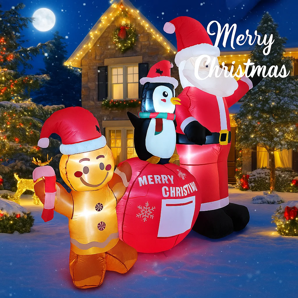 

7.2FT Inflatable Xmas Holiday Yard Decor Ornament Toy Gift Decor Santa Penguin Gingerbread Man Set LED Christmas Home Decoration
